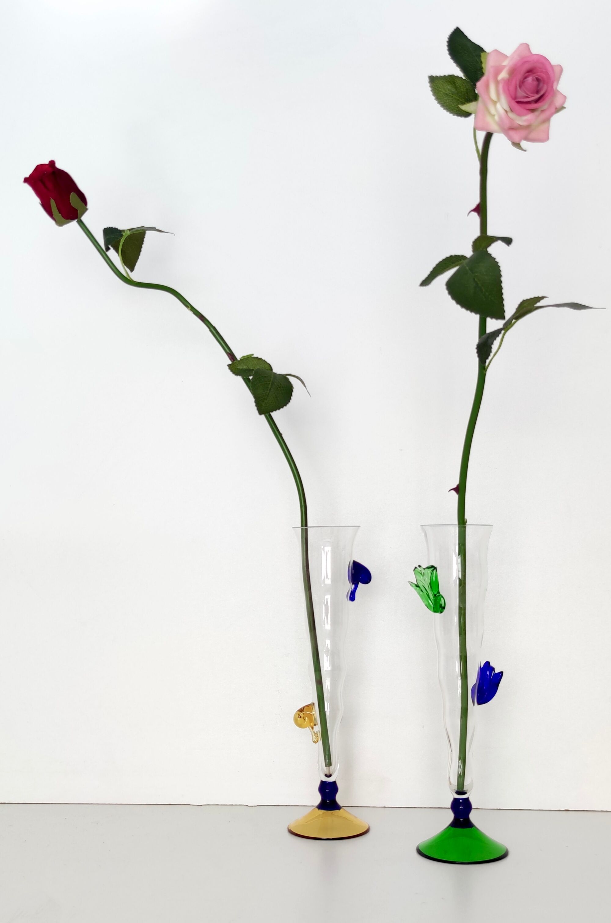 Pair of Postmodern Transparent Wine Glasses with Colored Details, Italy 1980s