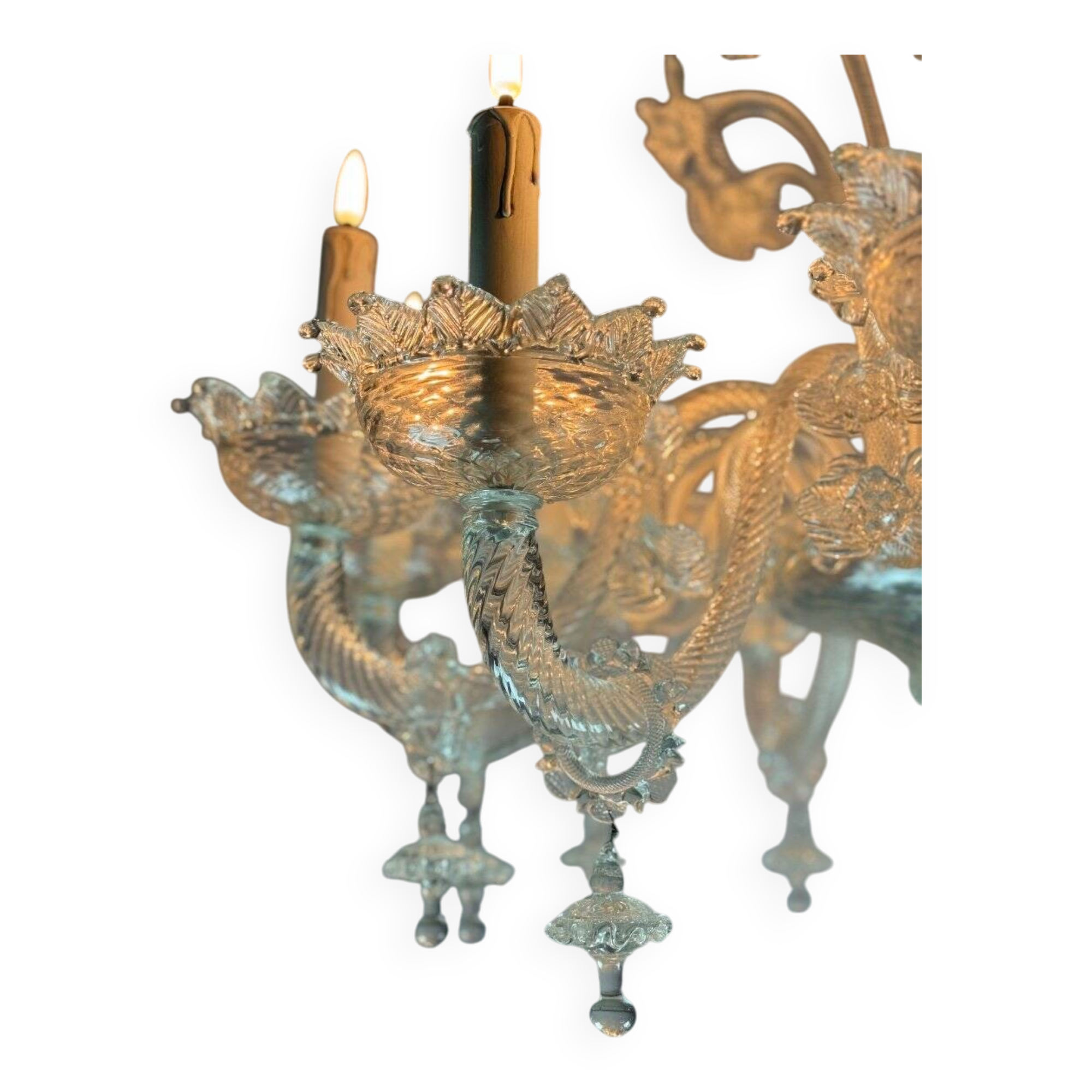 Venetian chandelier in colorless murano glass, 12 light arms, circa 1900