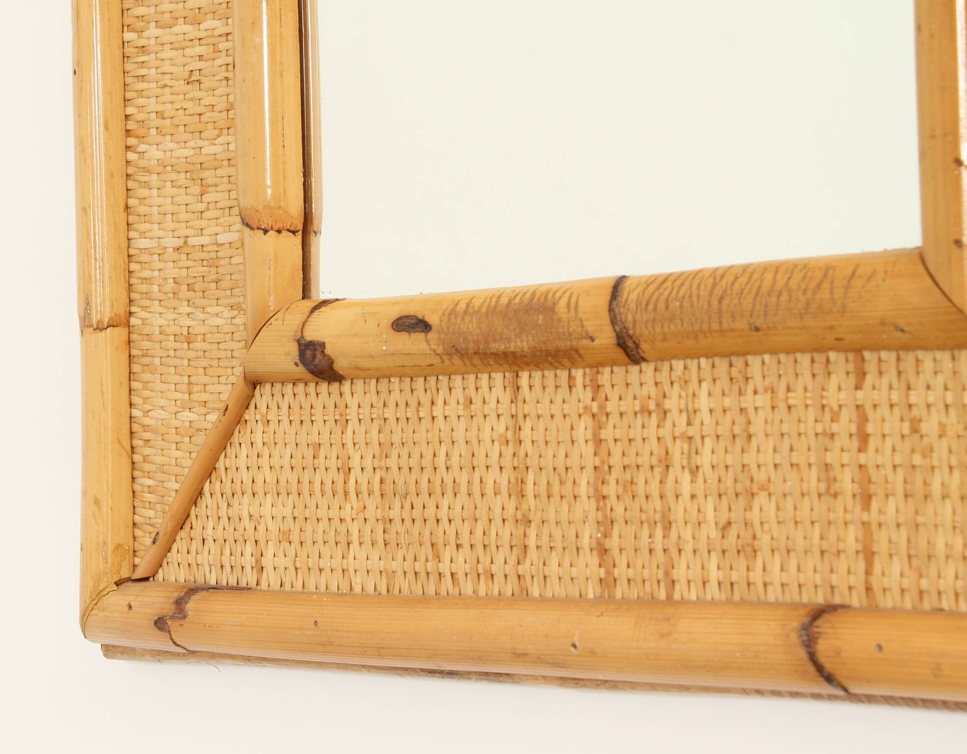 1970s wall mirror in rattan and cane, Spain