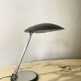 Modernist chrome desk table lamp and black metal bowl, Aluminor 1970 design
