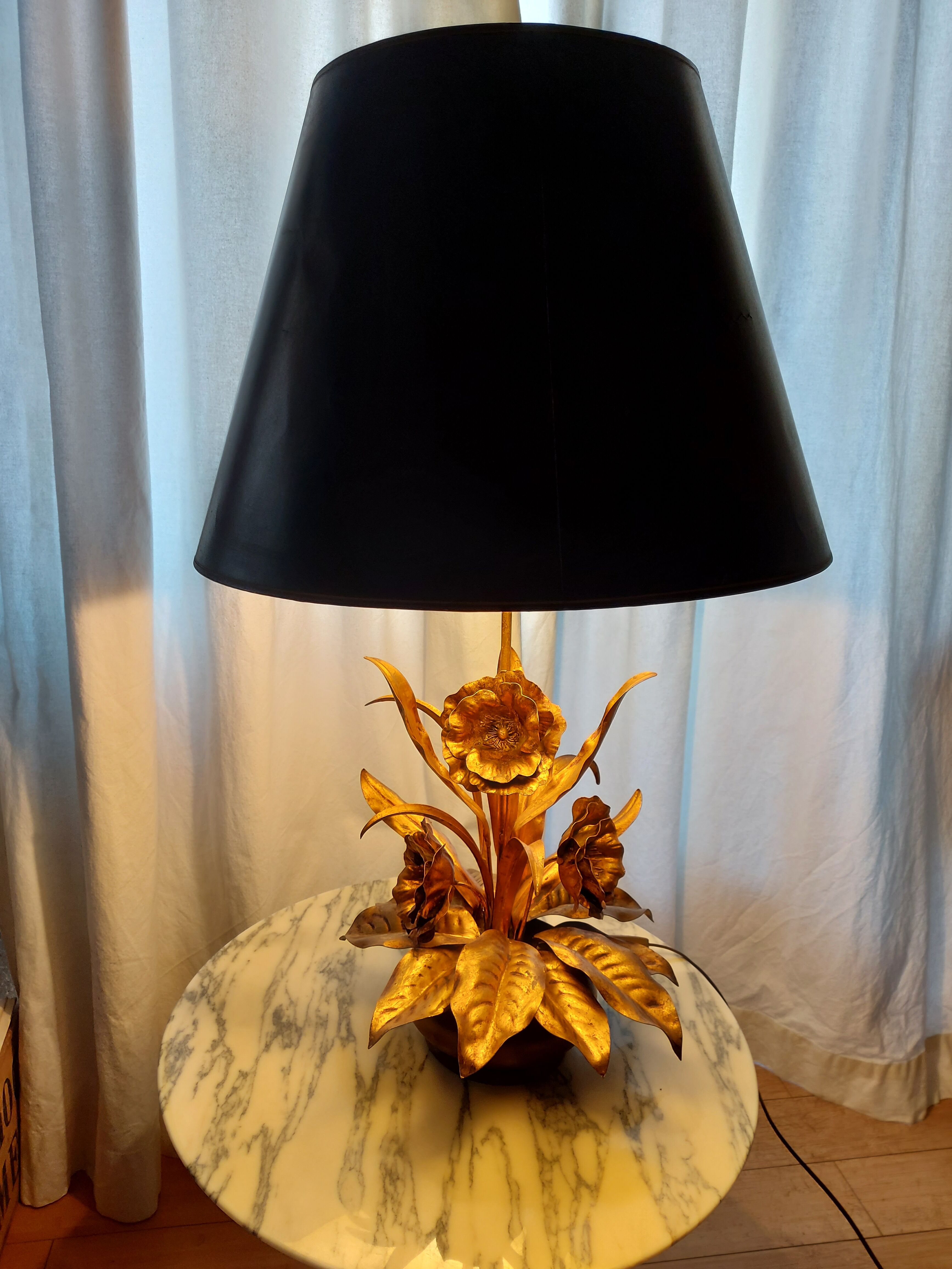 Large lamp, bouquet of vintage anemone flowers, gold metal, Hans Kogl