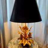 Large lamp, bouquet of vintage anemone flowers, gold metal, Hans Kogl