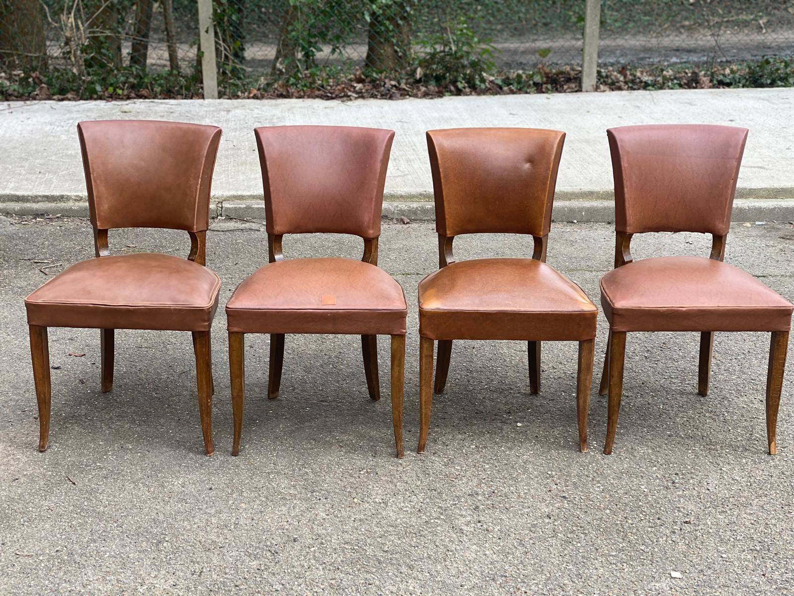 4 art deco chairs in solid wood and brown leather, 1930