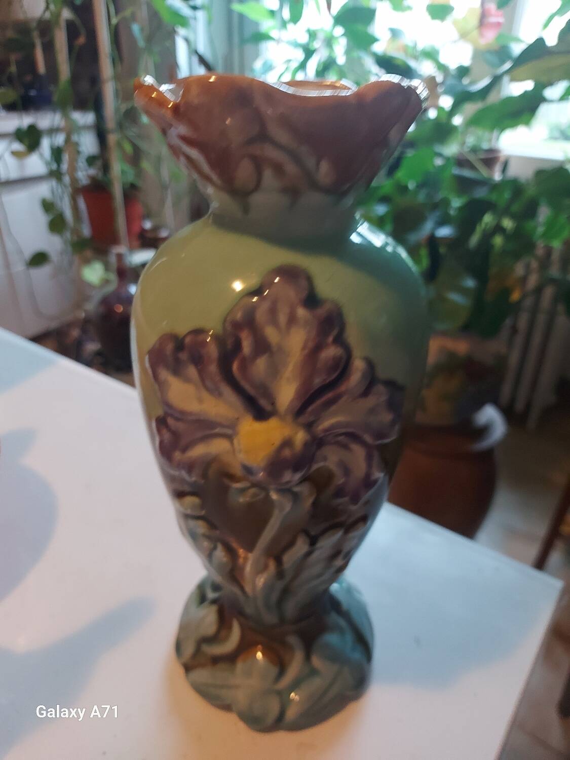 Antique iris flower vase in art deco style slip earthenware