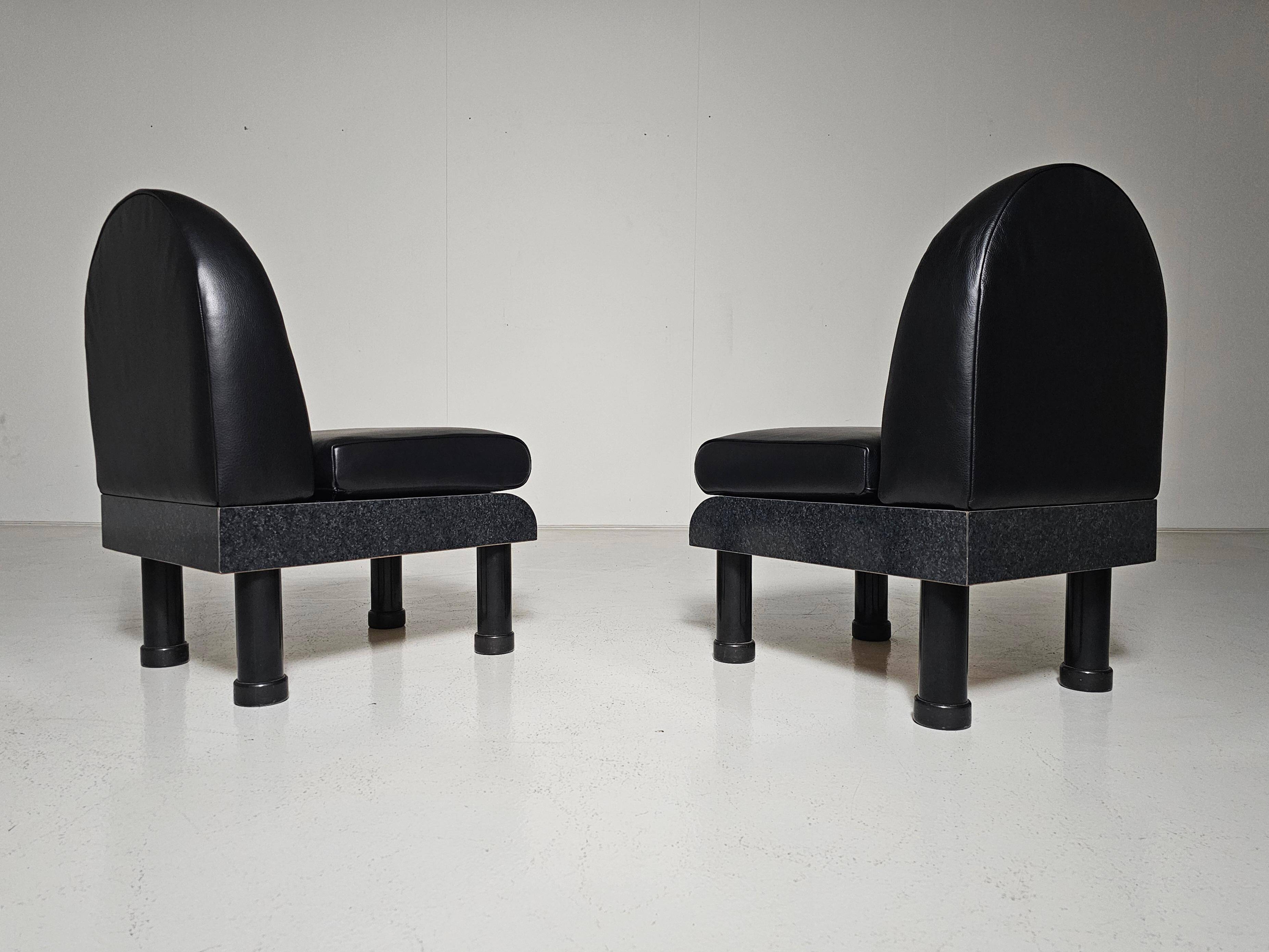 Black leather loungers in the style of The Brisk One by Ettore Sottsass, 1980.