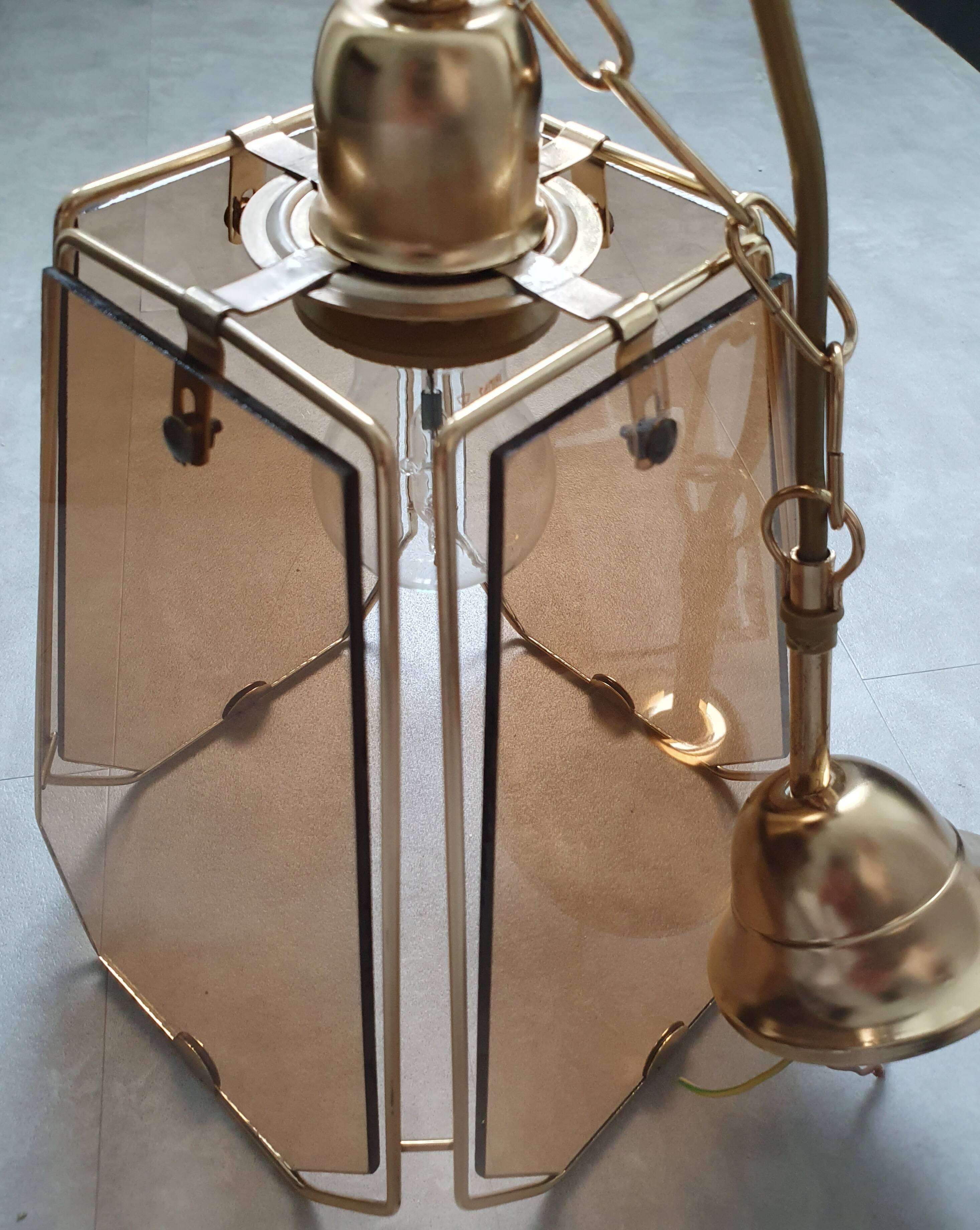 Vintage 70s chandelier in smoked glass and brass