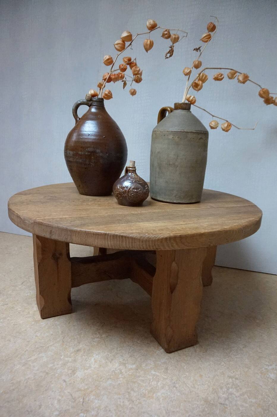Brutalist Wabi-Sabi Design Handcrafted Round Oak Coffee Table, Netherlands 1960's