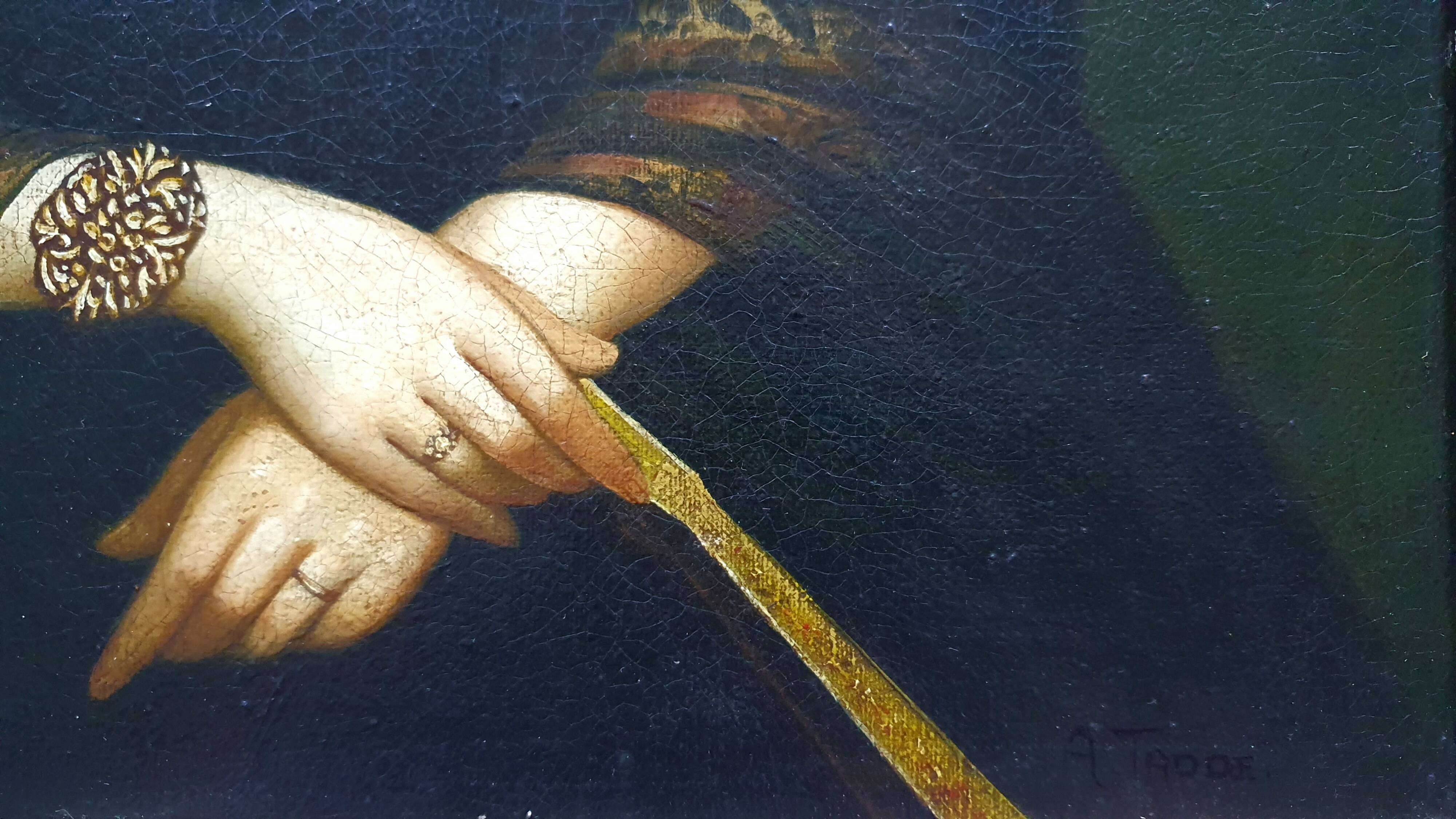 Ancient painting of a woman with a cocker spaniel head signed Taddei.