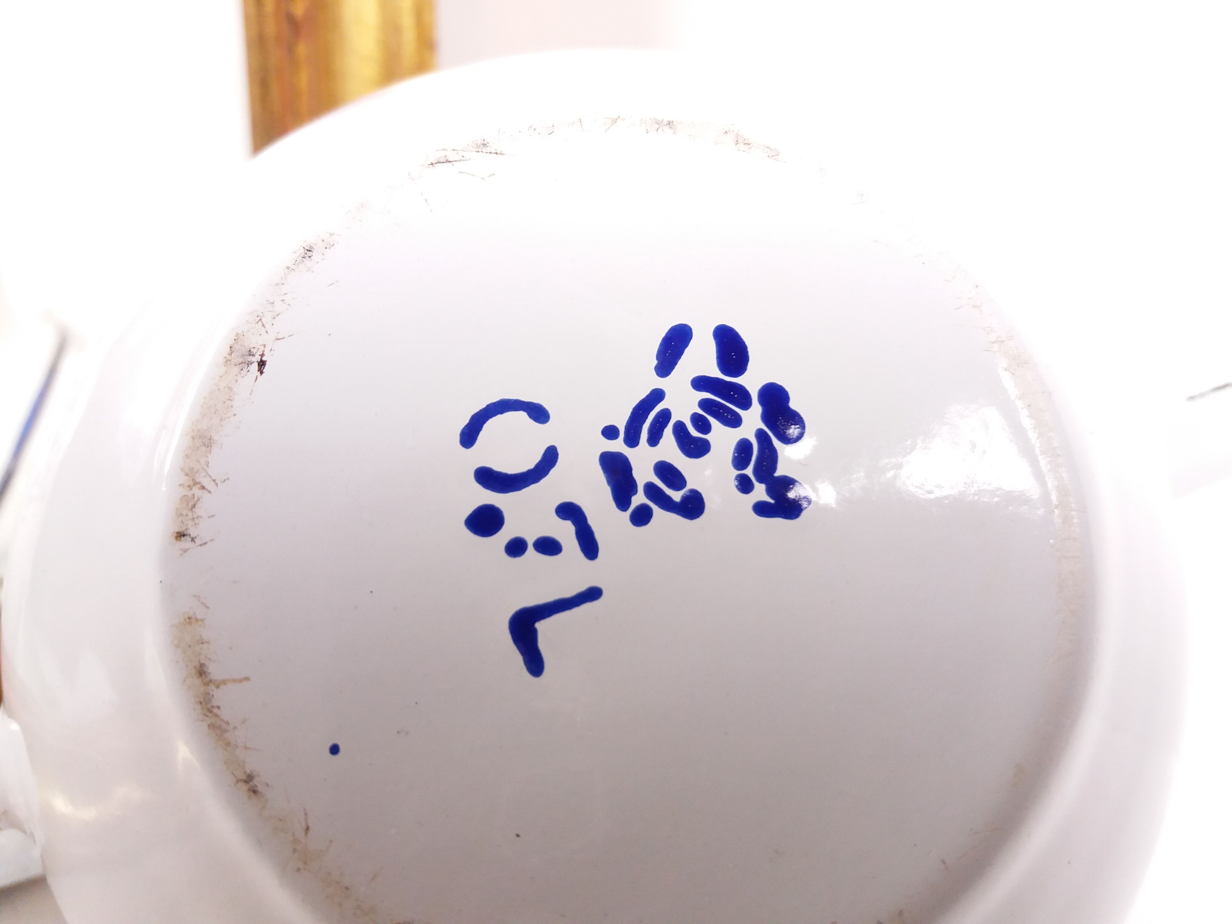 Teapot enamel white and blue