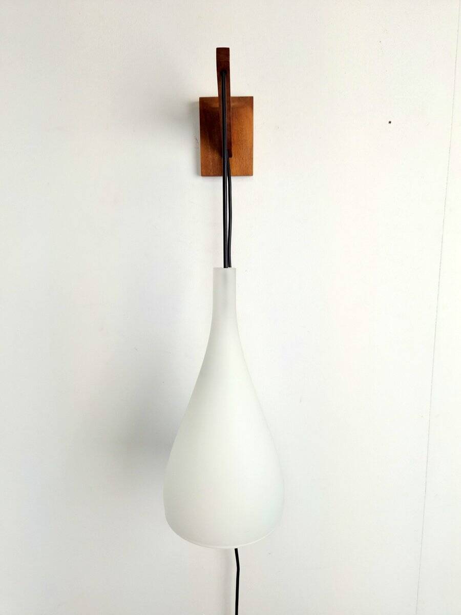 Vintage Tear Drop Wall Lamp in Teak and White Glass, Denmark, 1960s