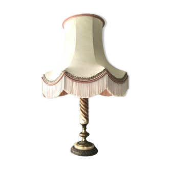 Lampe en marbre sculpté et abat-jour à franges vintage 1950