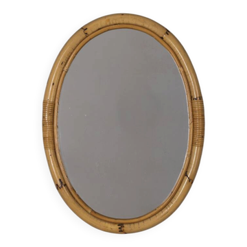 Miroir mural ovale en bambou au design italien vintage des années 1960