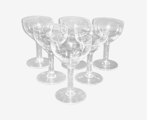 Lot de 6 verres à pied vintage en verre soufflé gravé - apéritif rhum bistrot 10cm