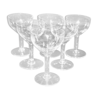 Set of 6 vintage walking glasses in engraved blown glass - aperitif rum bistrot 10cm