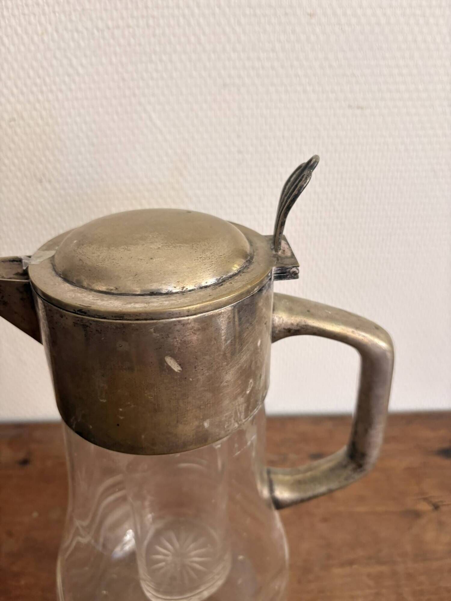 Chiller pitcher, lemonade jug, silver metal glass, Art Nouveau wine carafe.