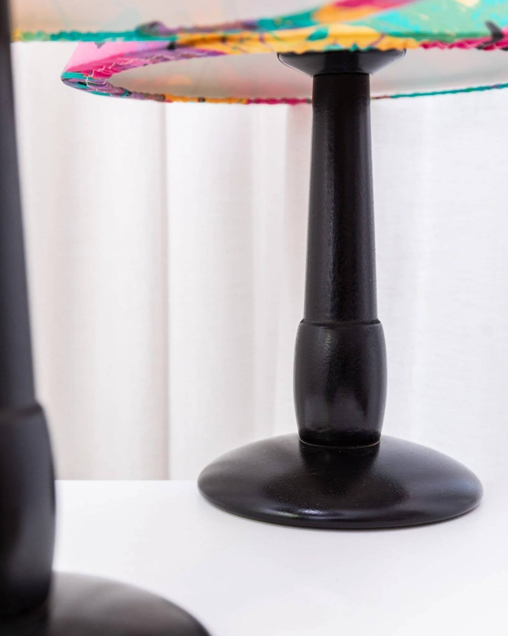 Pair of Memphis Pop Art Table Lamps, Multicolored Fabric Shades, Black Lacquered Bases - Belgian Massive, 1980s