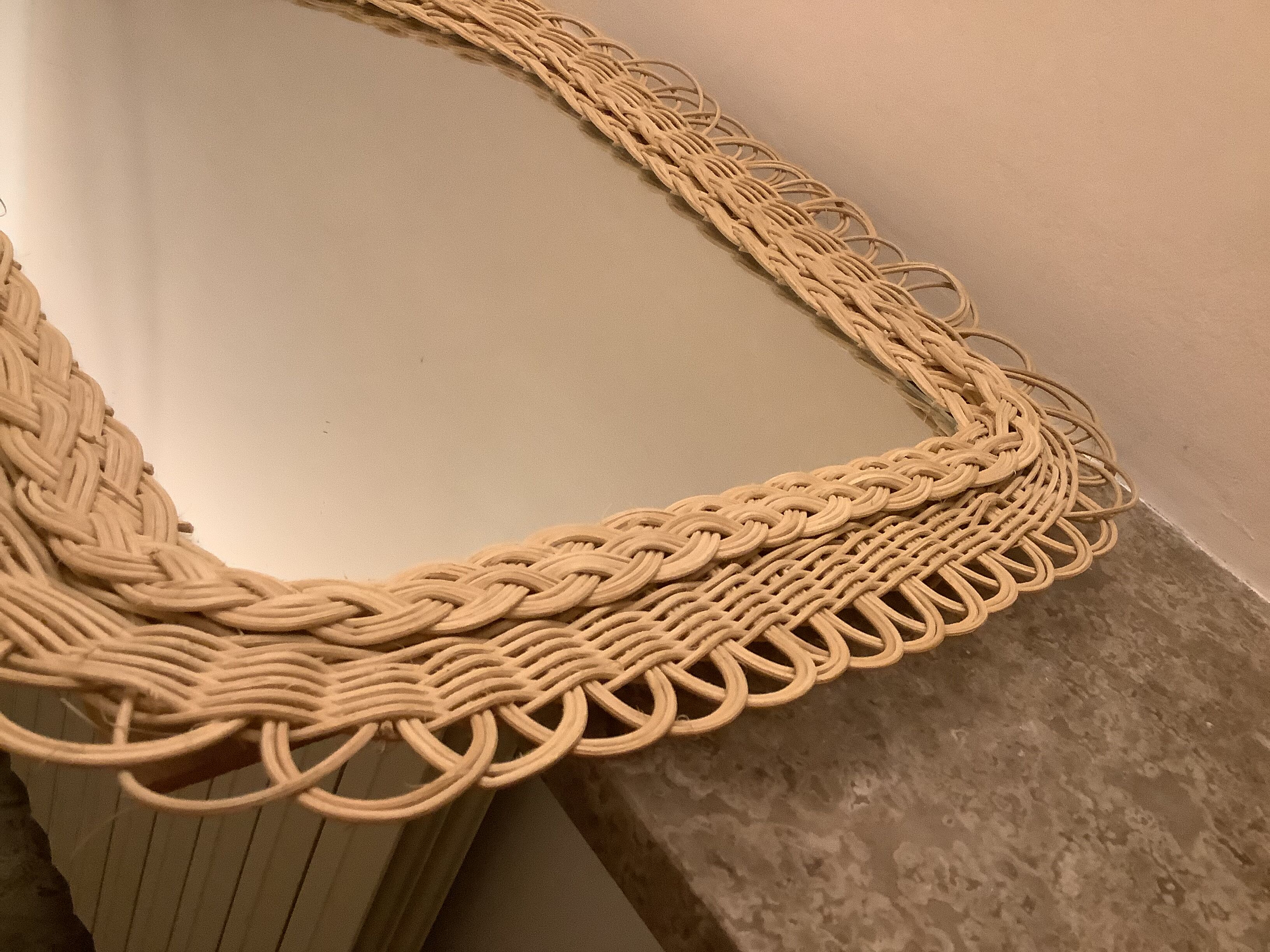 Old rattan wicker braided mirror, 48x40 cm