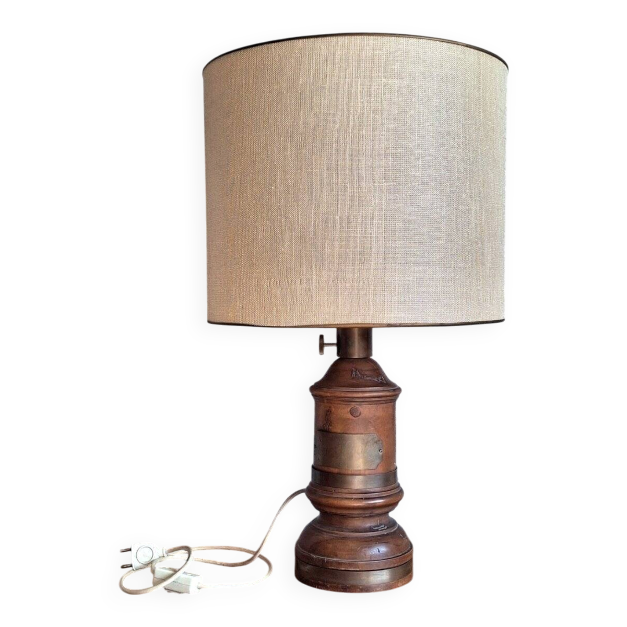 Antique turned wood lamp with engraved brass, Royal Adelaide.