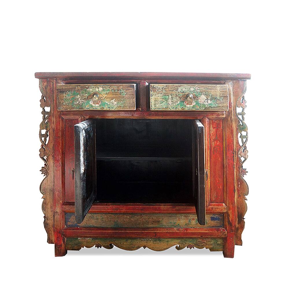 Antique Chinese sideboard in red lacquered wood with carved details and paintings
