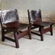 Pair of brutalist armchairs in wood and leather, 1970