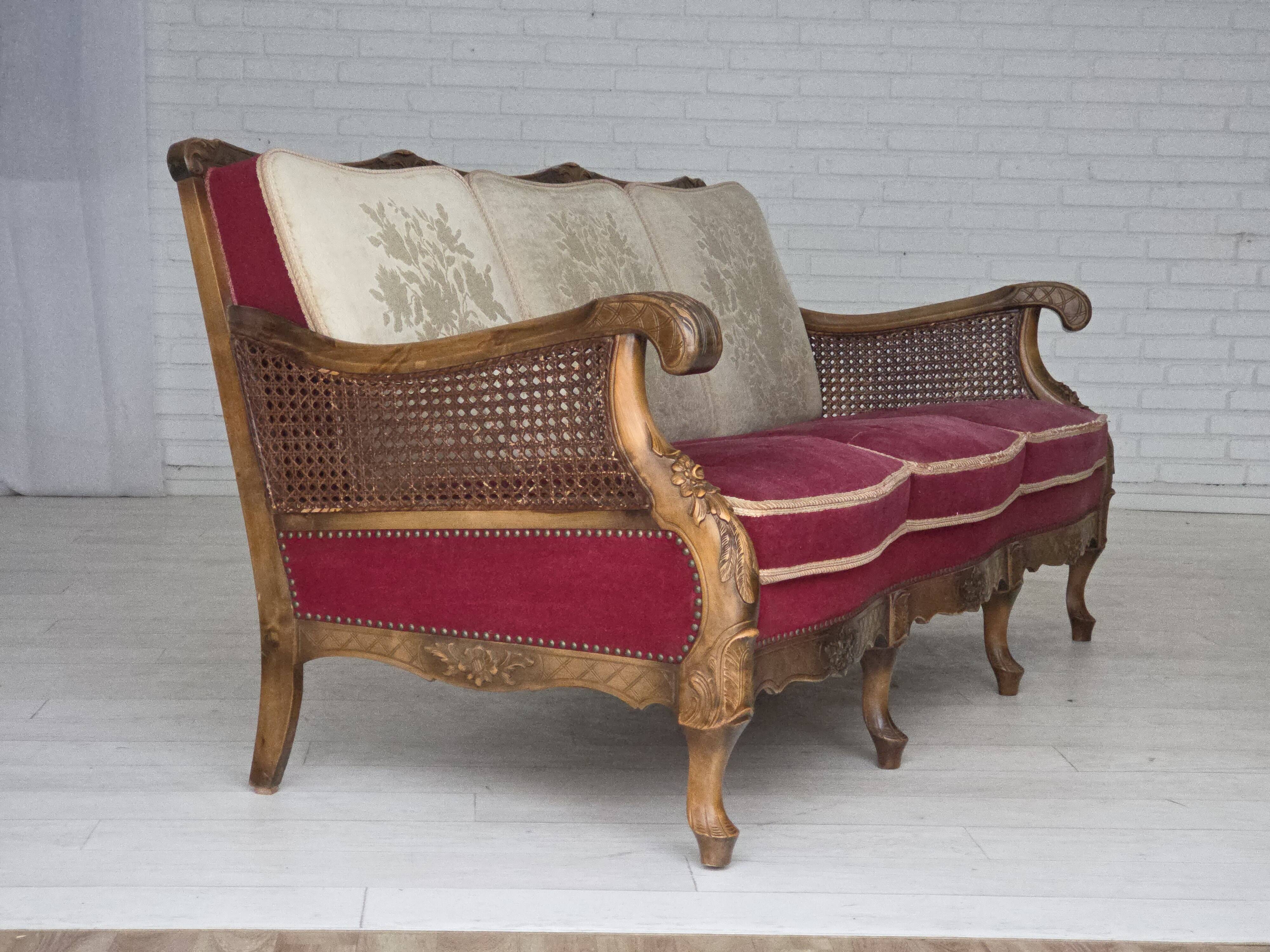 1930s, Danish 3-seater sofa, red furniture velour, furniture mesh.