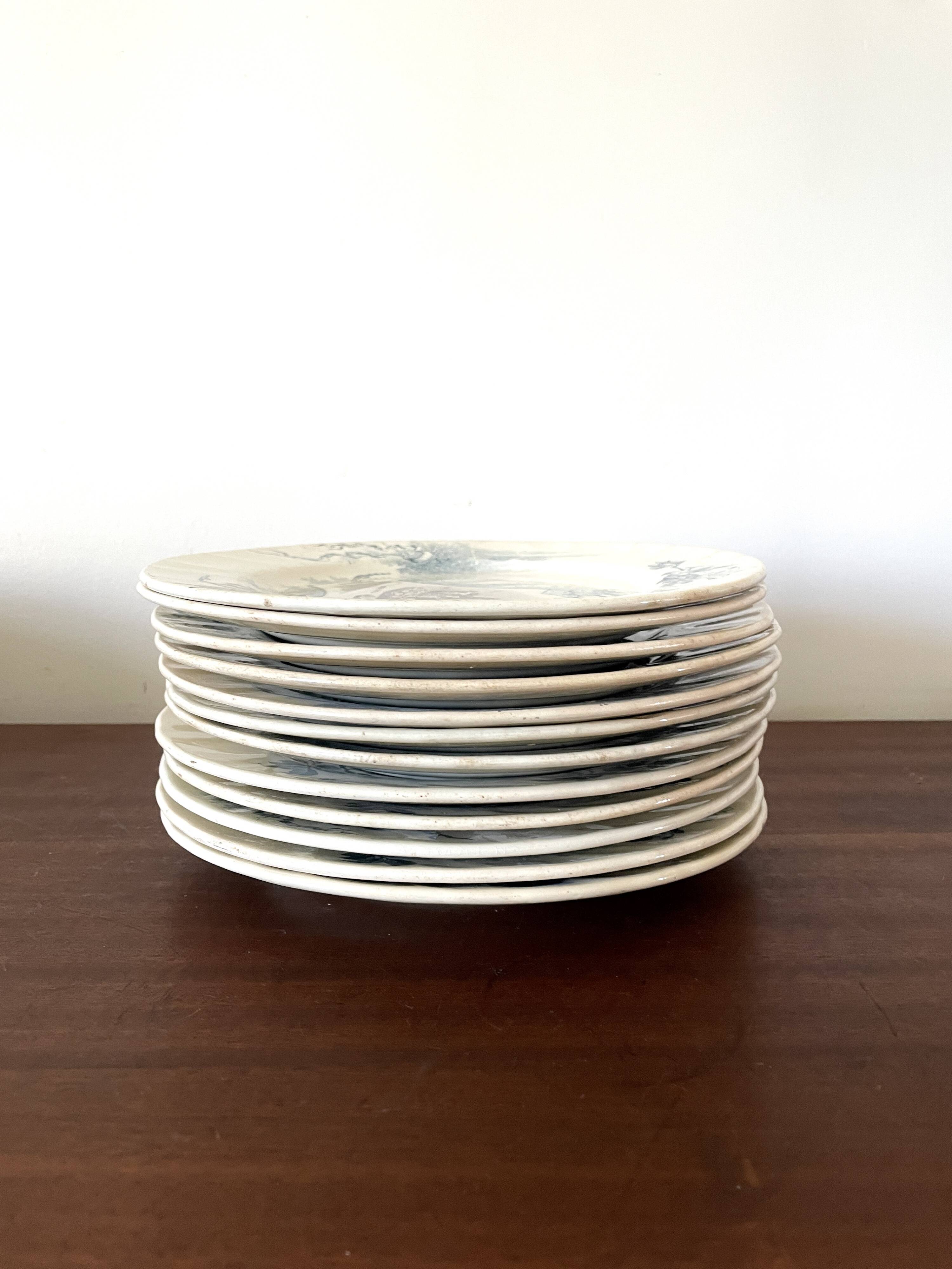 Set of 12 plates Terre de Fer, model Cartels, Creil & Montereau, 1900