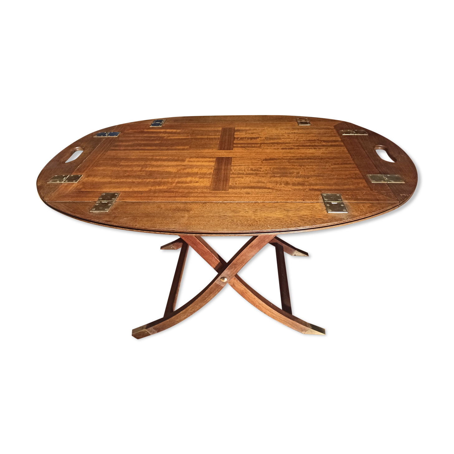 Folding coffee table type Butler marine boat wood and brass mahogany