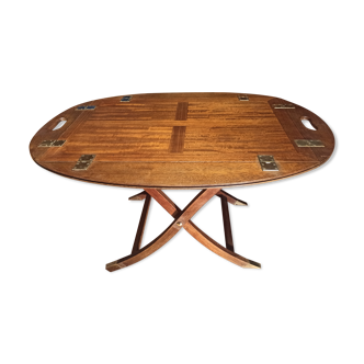 Table basse pliante type Butler marine bateau bois et laiton acajou