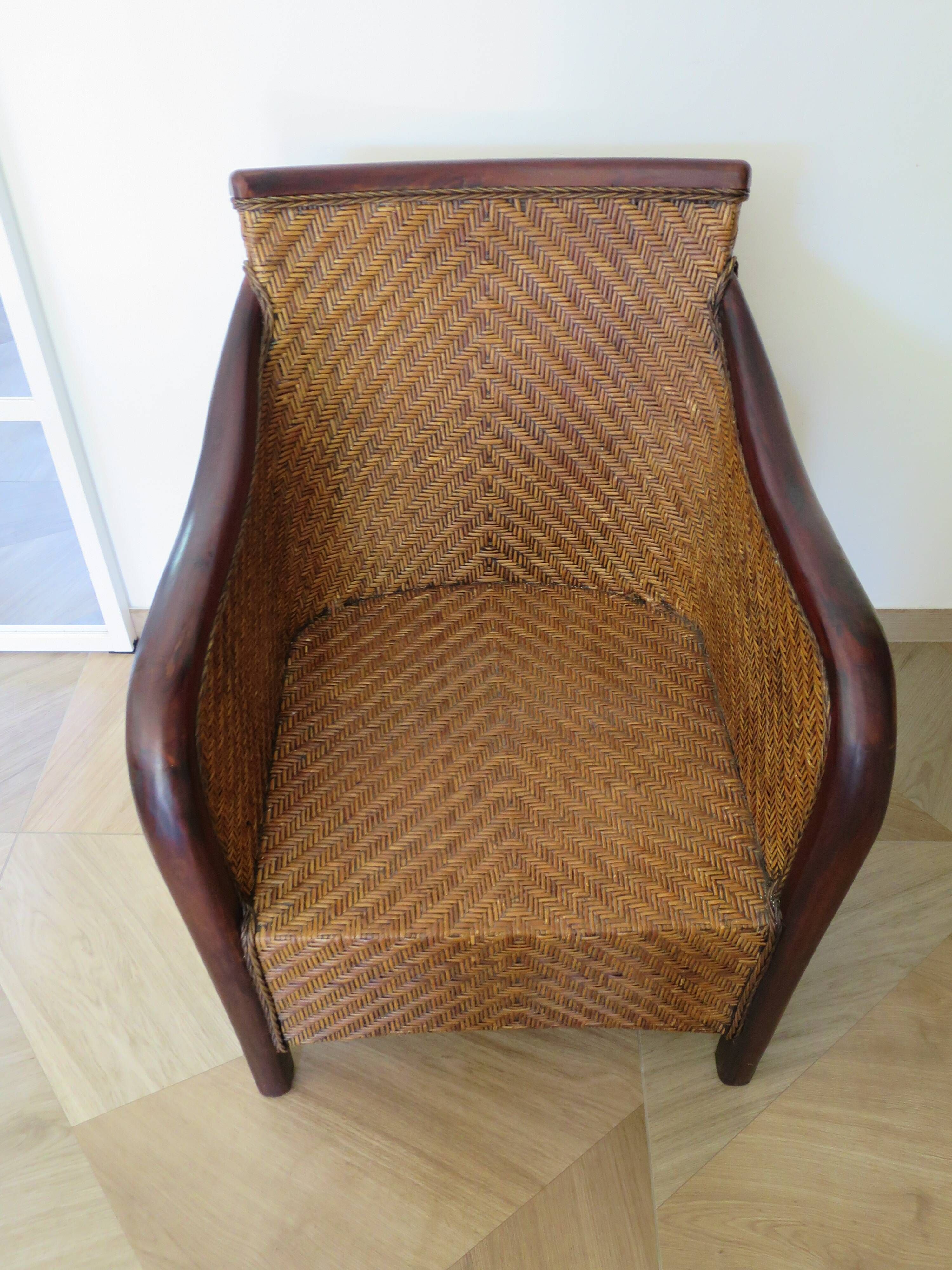 Colonial style armchair - woven rattan and exotic wood - vintage