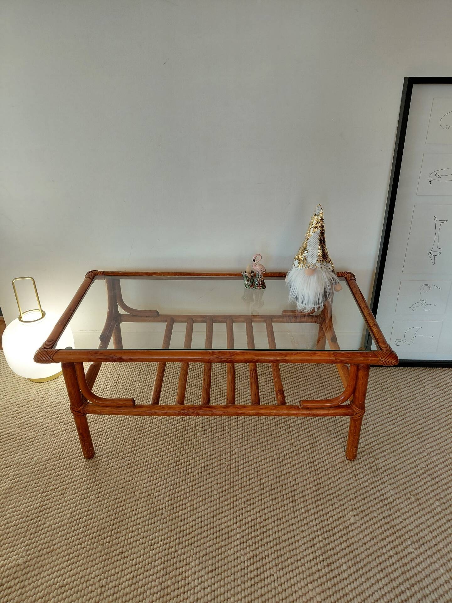 Table basse vintage rotin, bambou et verre-esprit bohème 70s