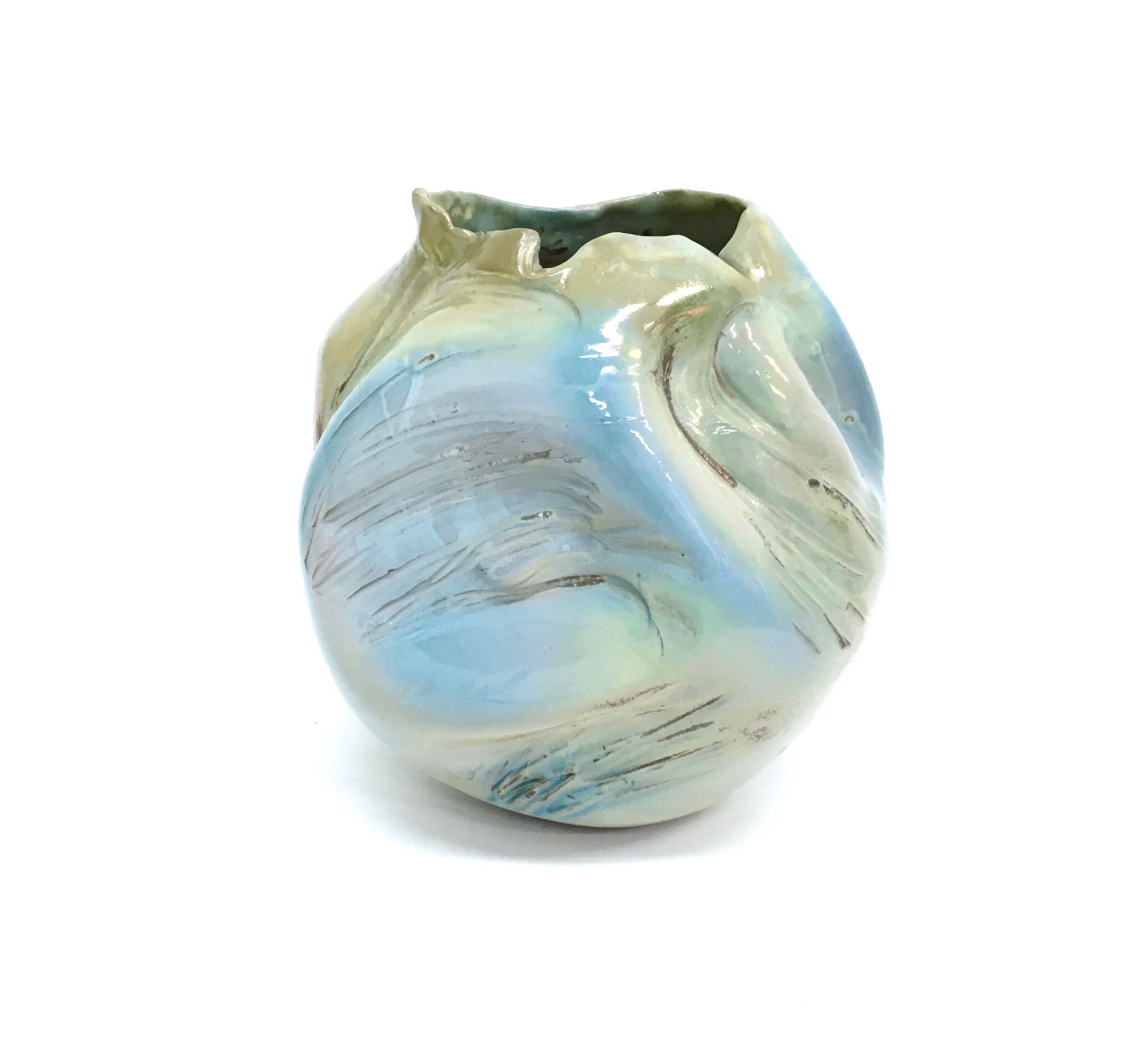 Postmodern sculptural hand-made iridescent blue glazed earthenware vase, italy