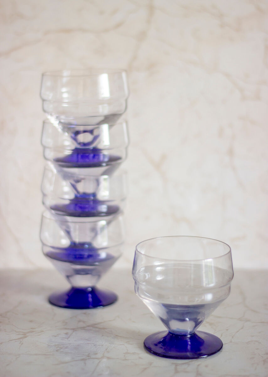 5 verres pied bleu style art déco
