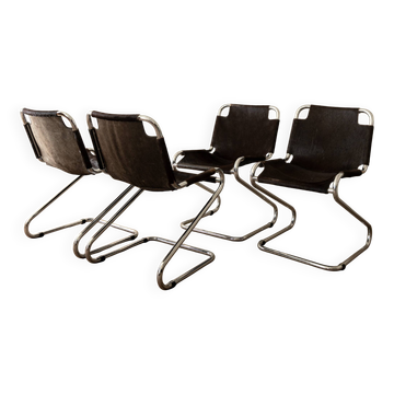 Chaises de salle à manger cantilever en chrome italien et en cuir de vache, années 1970, ensemble de 4