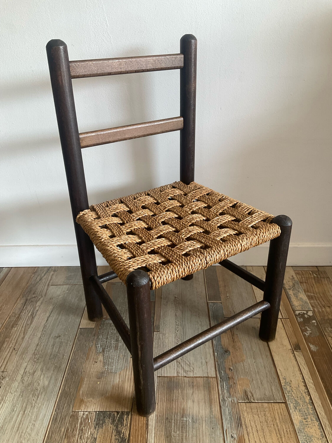 Pair of vintage children's chairs with rope and wood seats