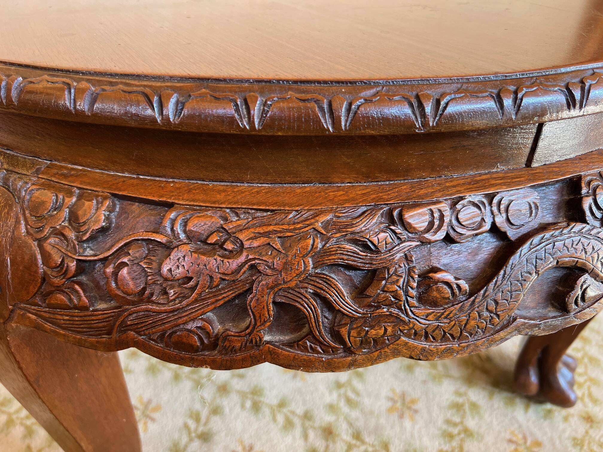 Antique coffee table in carved wood with dragons, China, circa 1940