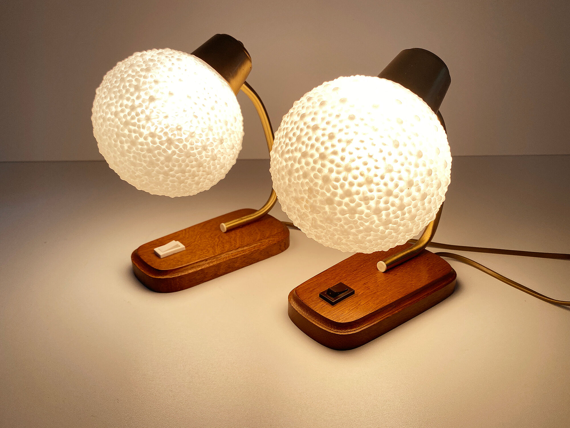 Pair of Scandinavian Vintage Lamps, Wood, Brass and Glass, 60s