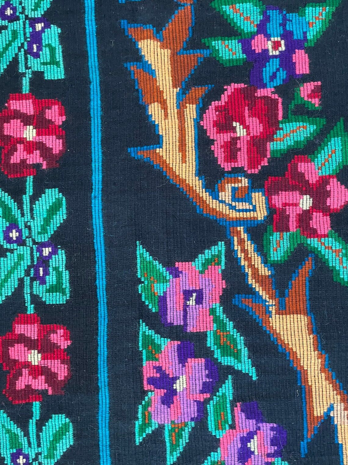 Vintage Romanian wool carpet floral design on black background 235x150cm