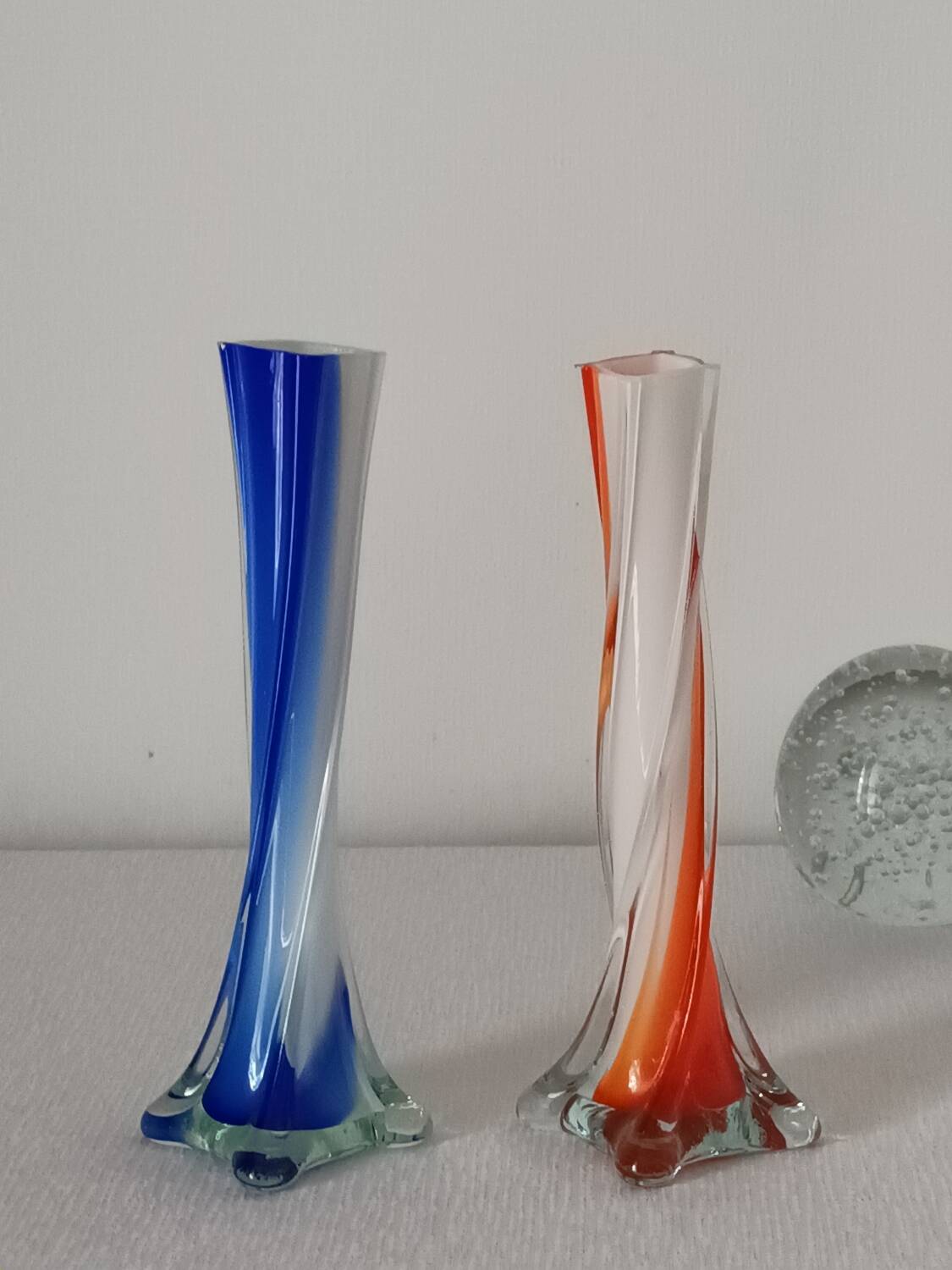 Pair of colored glass soliflores, 1960s