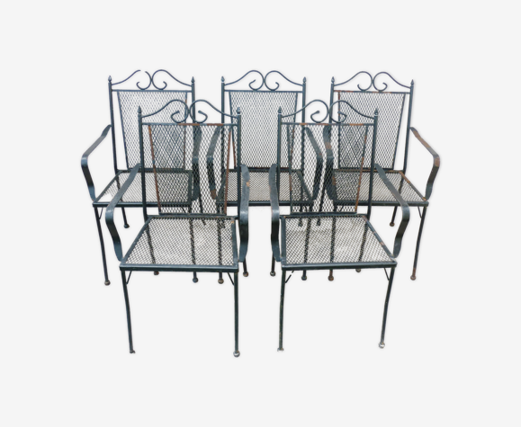 Serie de 5 fauteuils chaises de jardin en métal ajouré années 60/70, empilables