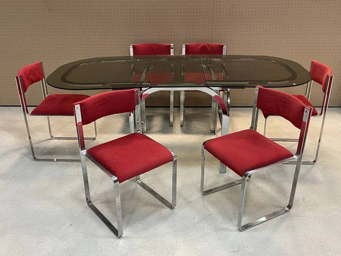 70s dining room set: glass table and 6 chairs