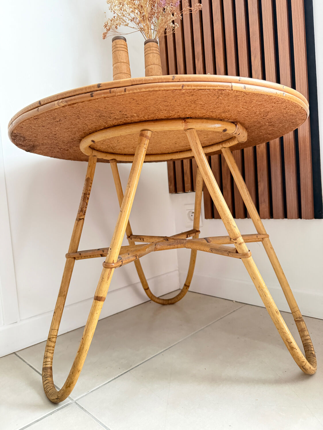 Vintage round tripod side table in rattan