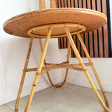 Vintage round tripod side table in rattan
