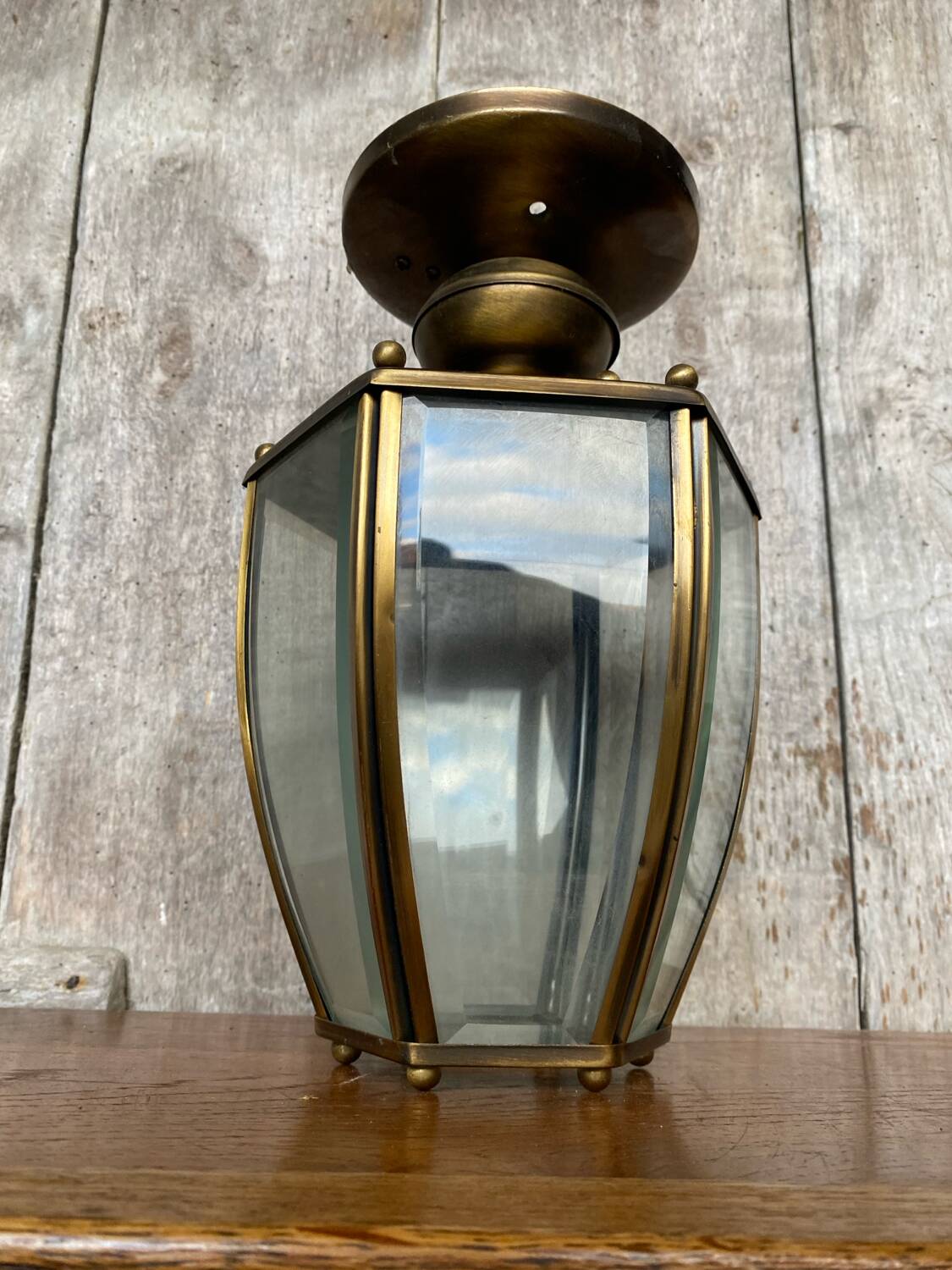 Antique brass lantern ceiling light + 6 faceted beveled glass vintage