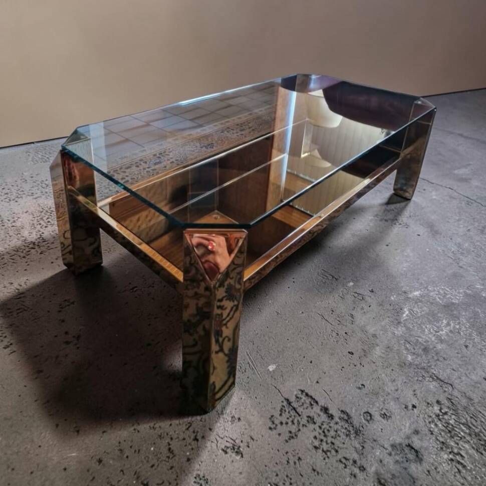 Belgochrom coffee table with 23K gold plating and faceted legs, 1970s.