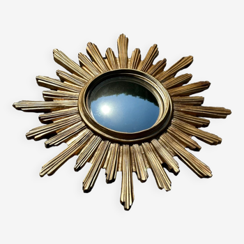 Vintage sun mirror 1970 in golden patinated resin with witch's eye