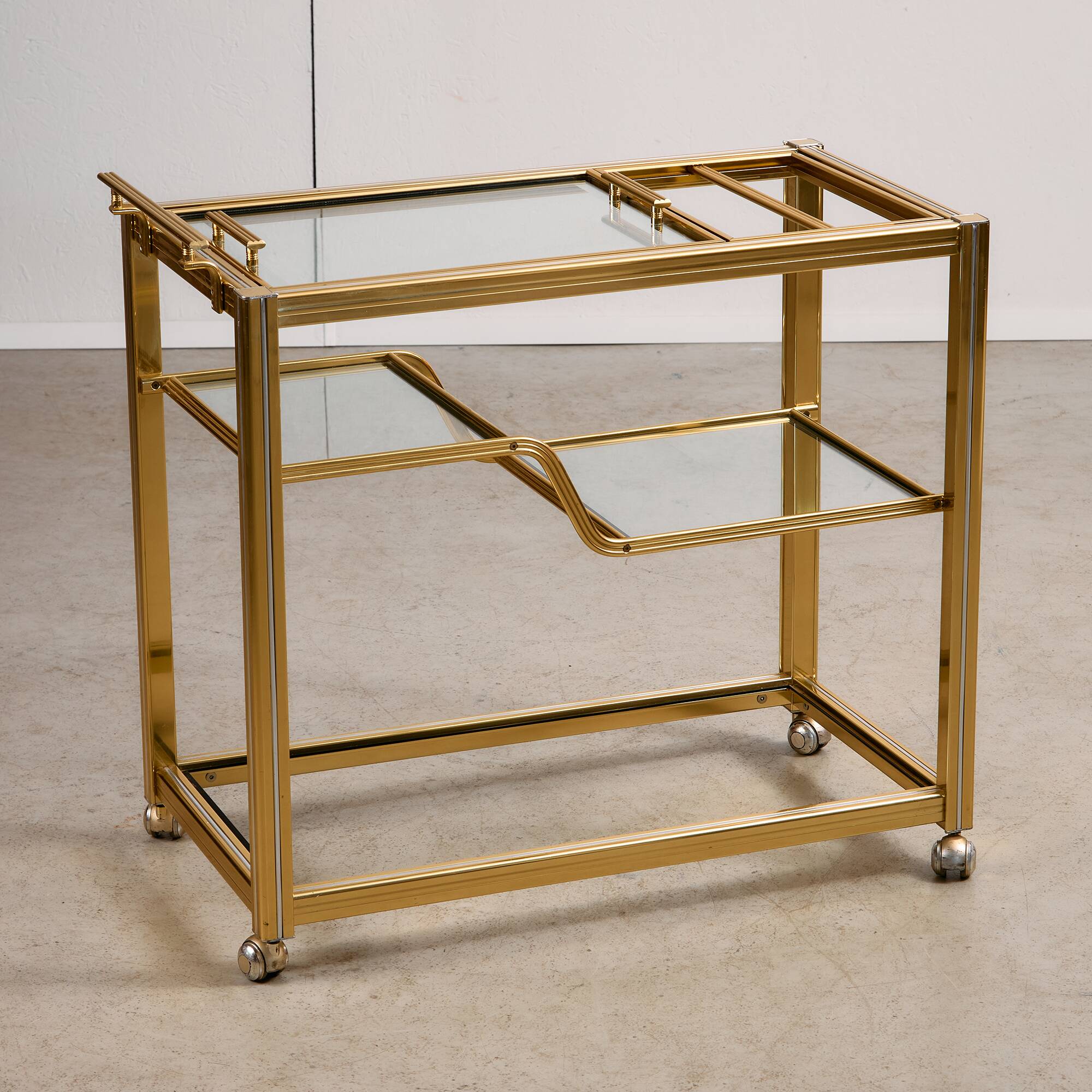 Bar Cart in Gold and Chrome with Glass Shelves, 1970s