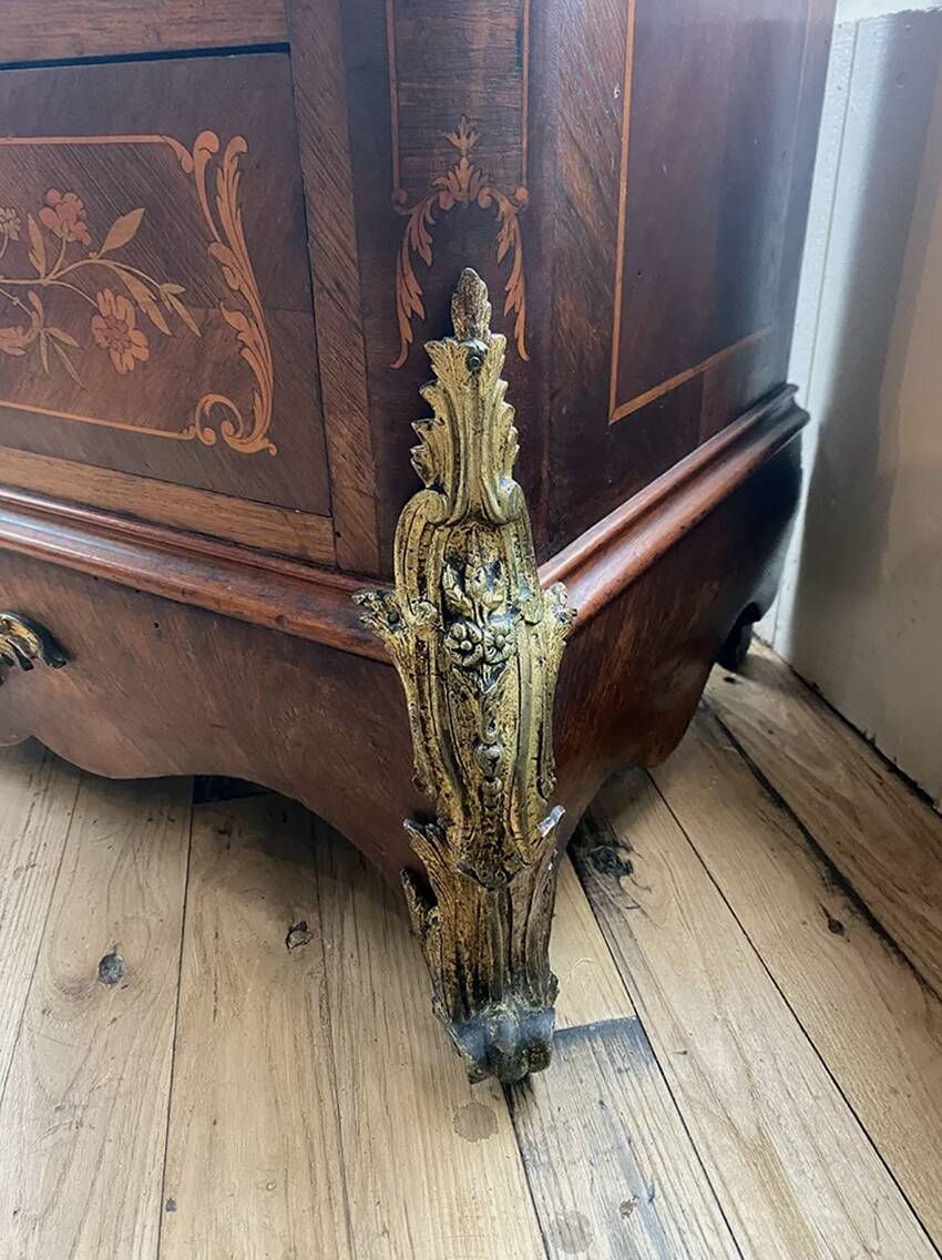 Inlaid wooden secretary, marble top. Napoleon III