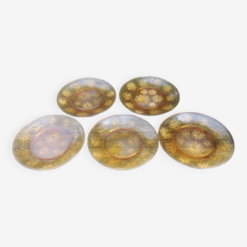 Set of five flat plates - vintage amber glass from Veréco with flower decor - 60s/70s