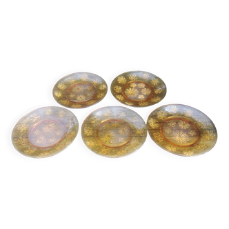 Set of five flat plates - vintage amber glass from Veréco with flower decor - 60s/70s