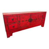 Antique Chinese red lacquered low cabinet